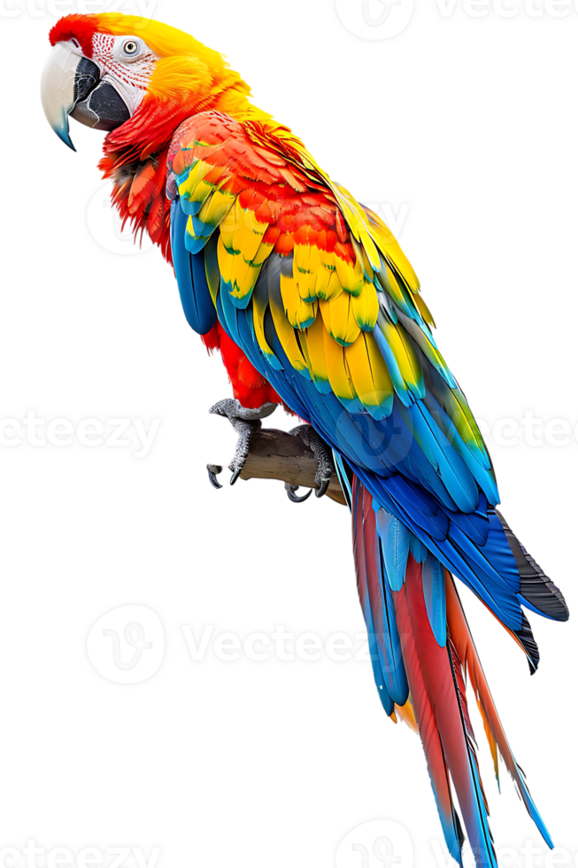 Macaw parrot on a branch, isolated against a transparent background png