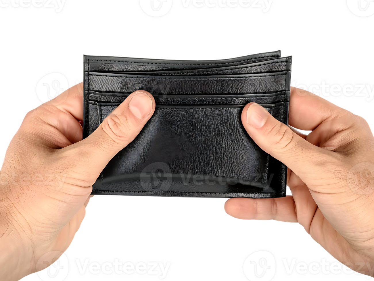 Male hands holding an empty black wallet, isolated against a transparent background png