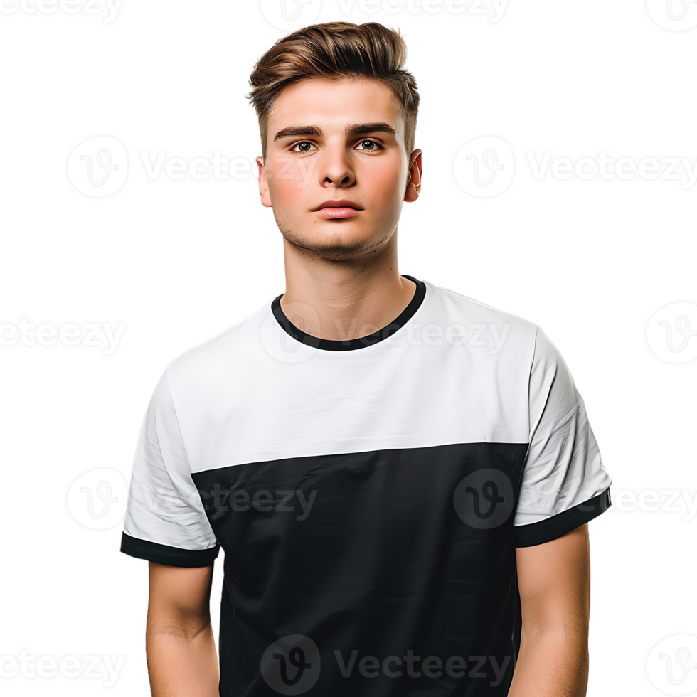man bär en vit och svart t-shirt för mockup, isolerat png