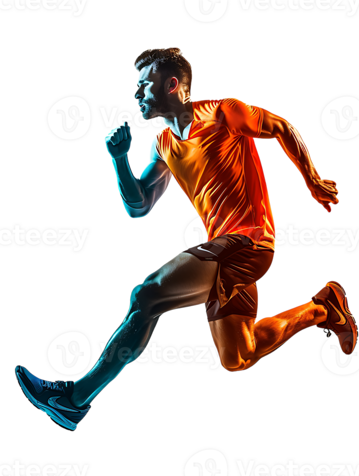Male athlete running from the side, isolated on a transparent background png