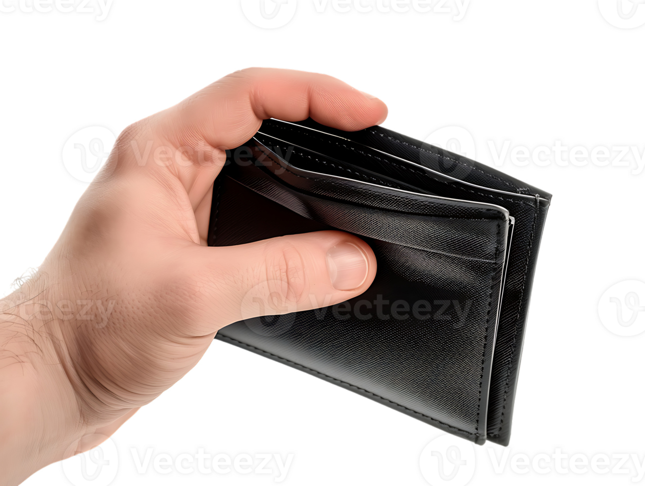 Male hands holding an empty black wallet, isolated against a transparent background png
