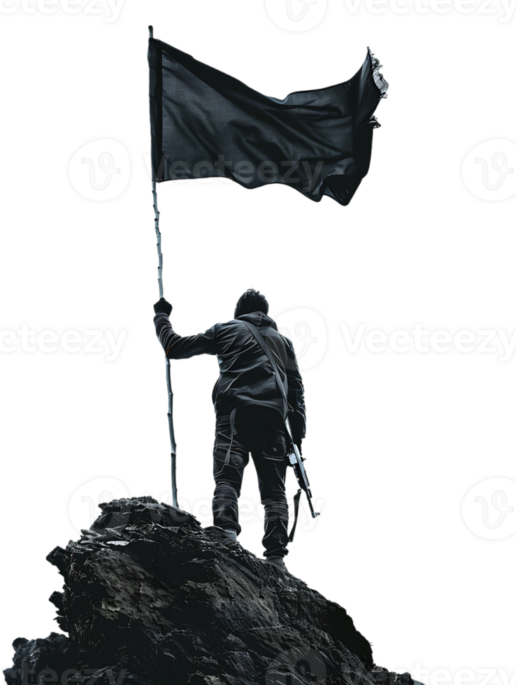 Man atop mountain, holding black flag, isolated against transparent backdrop png