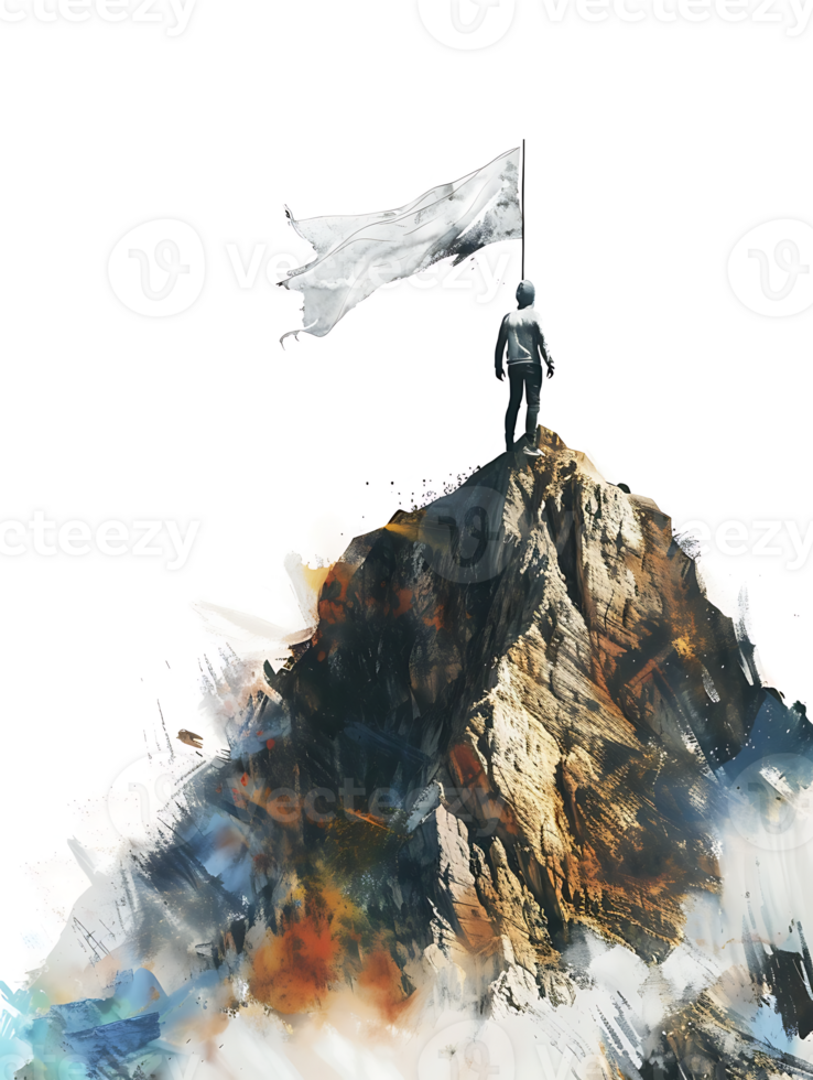 Man atop mountain, holding white flag, isolated against transparent backdrop png