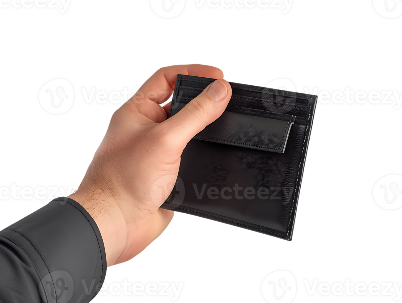 Male hands holding an empty black wallet, isolated against a transparent background png