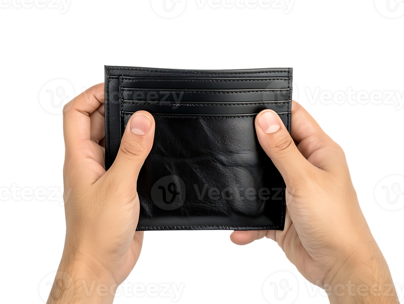 Male hands holding an empty black wallet, isolated against a transparent background png