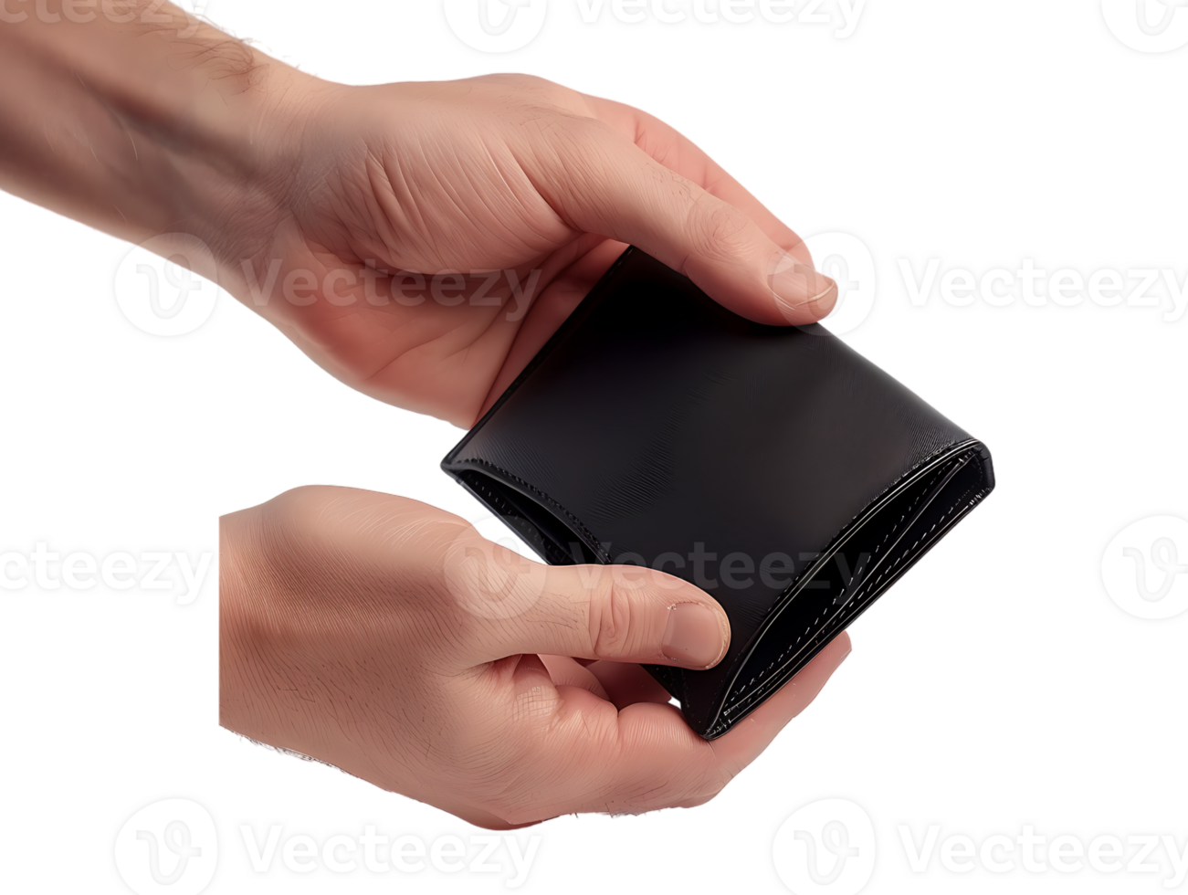 Male hands holding an empty black wallet, isolated against a transparent background png