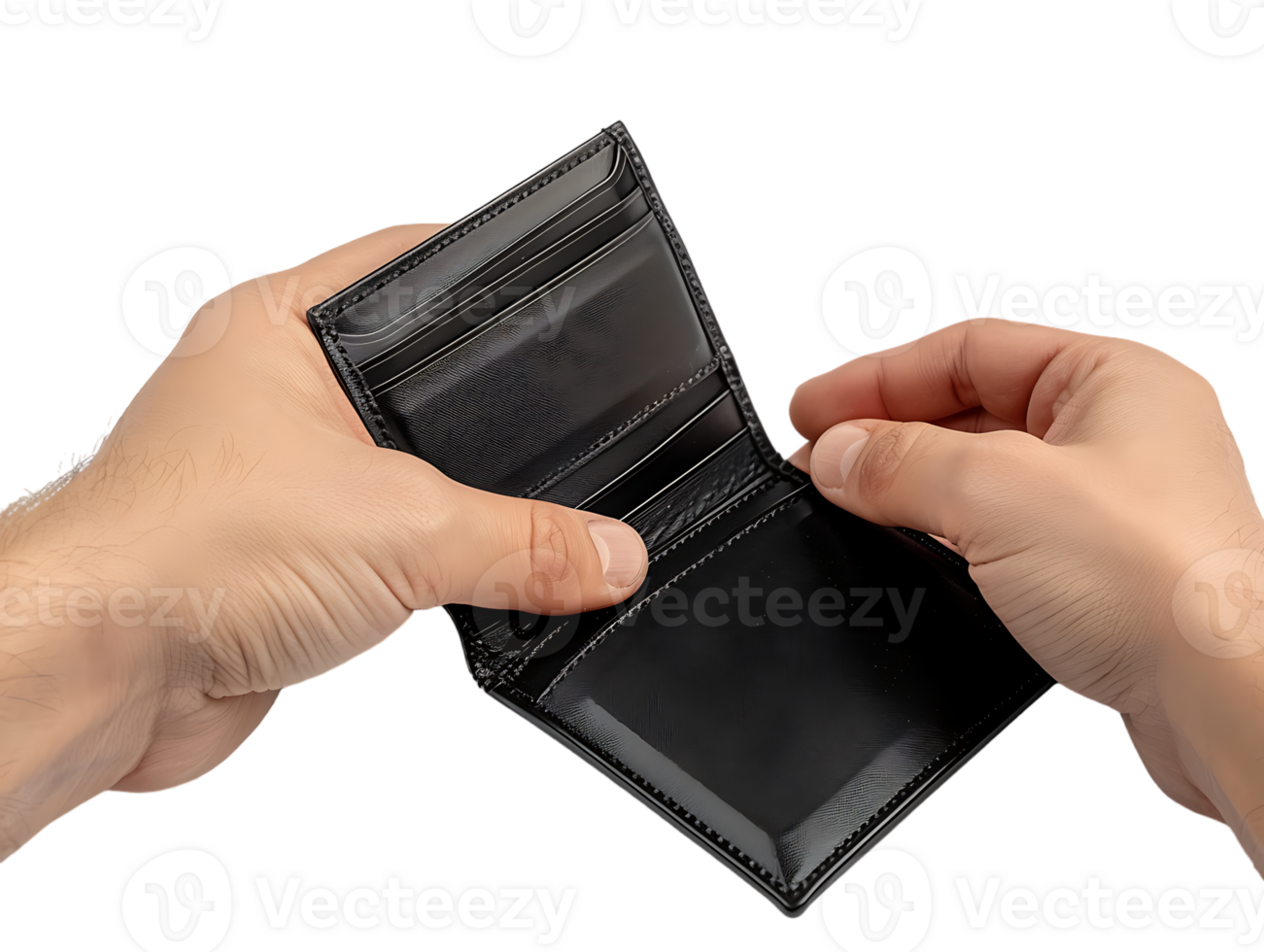 Male hands holding an empty black wallet, isolated against a transparent background png