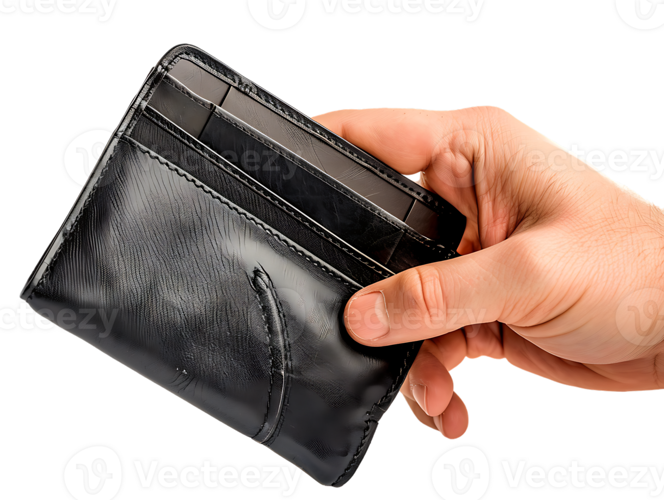 Male hands holding an empty black wallet, isolated against a transparent background png