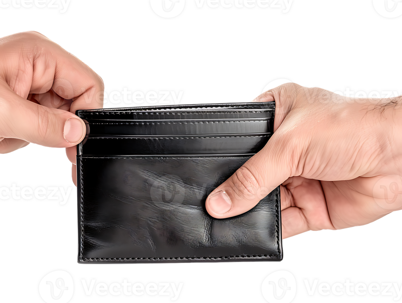 Male hands holding an empty black wallet, isolated against a transparent background png