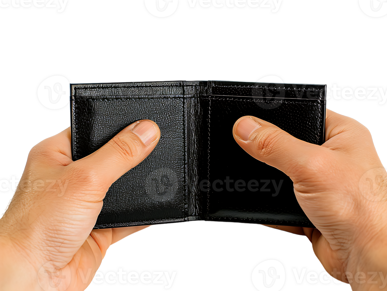 Male hands holding an empty black wallet, isolated against a transparent background png