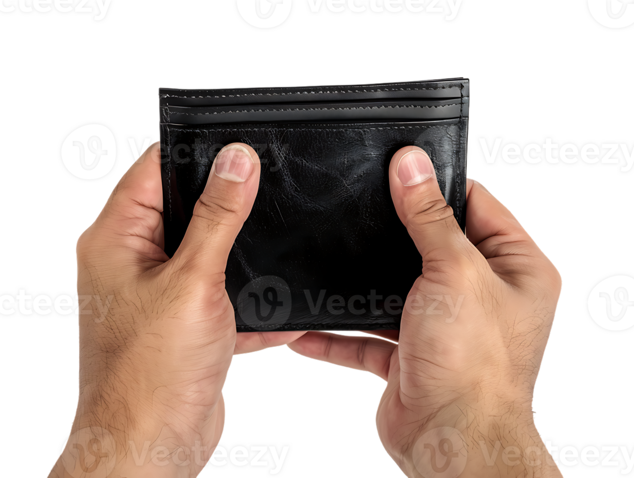 Male hands holding an empty black wallet, isolated against a transparent background png