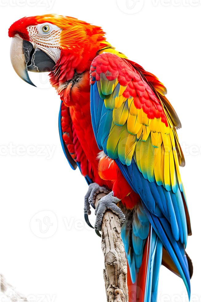 Macaw parrot on a branch, isolated against a transparent background png