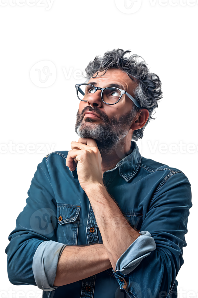Man with glasses thinking, isolated against a transparent background png