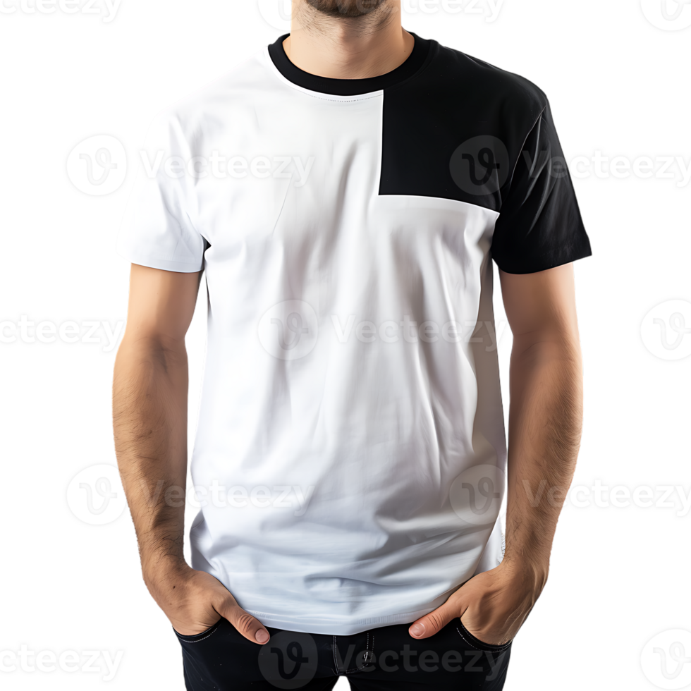 Man wearing a white and black t-shirt for mockup, isolated png