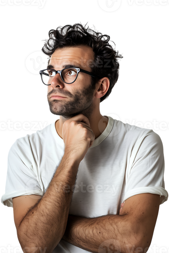 Man with glasses thinking, isolated against a transparent background png