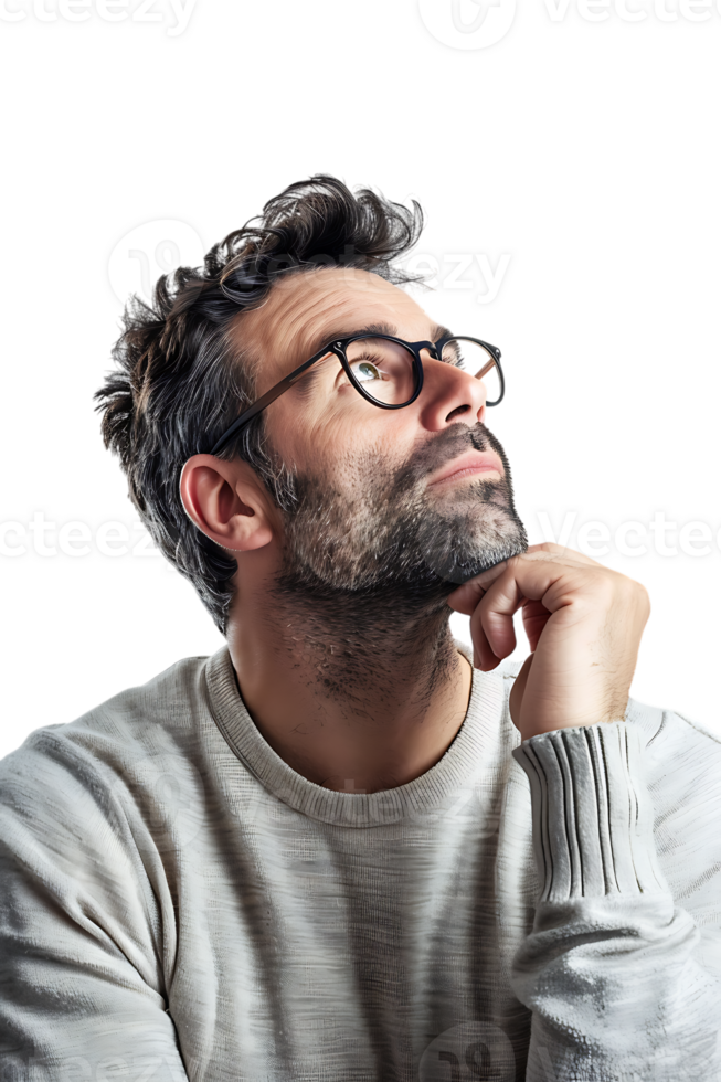 Man with glasses thinking, isolated against a transparent background png