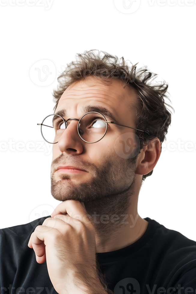 Man with glasses thinking, isolated against a transparent background png