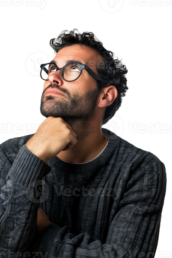 Man with glasses thinking, isolated against a transparent background png