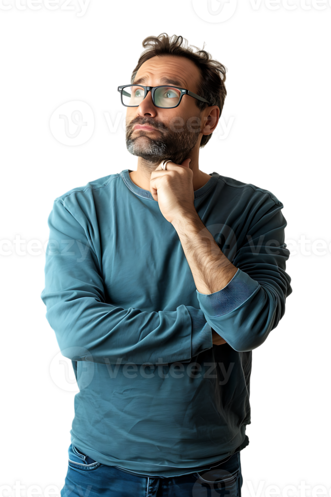 Man with glasses thinking, isolated against a transparent background png