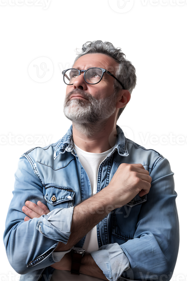 Man with glasses thinking, isolated against a transparent background png