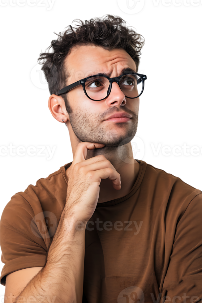 Man with glasses thinking, isolated against a transparent background png