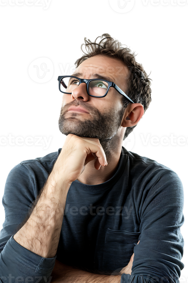 Man with glasses thinking, isolated against a transparent background png