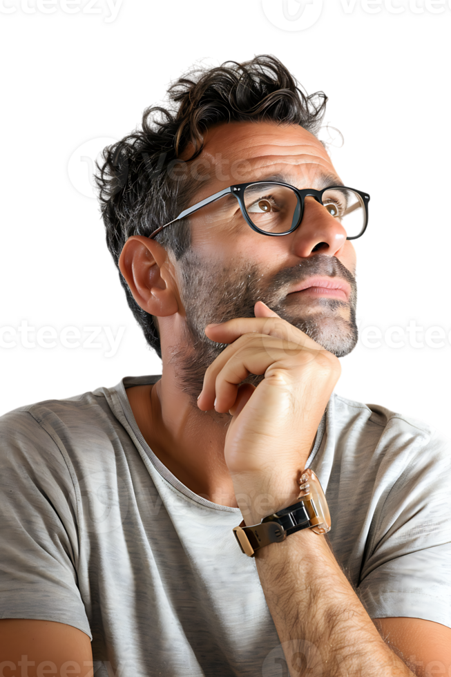 Man with glasses thinking, isolated against a transparent background png