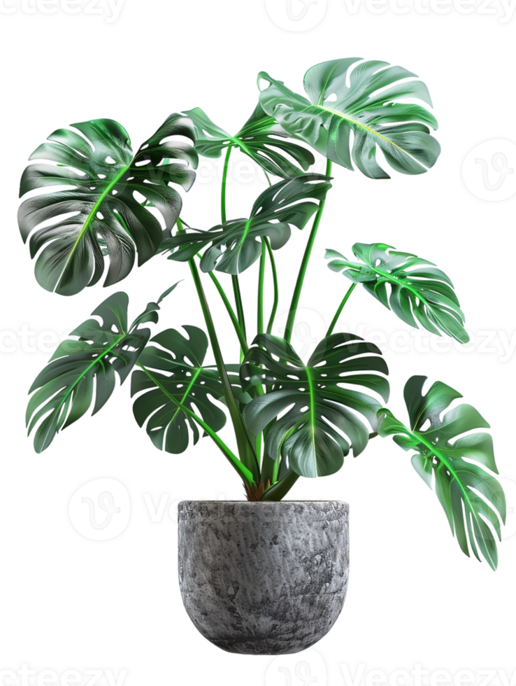 Monstera deliciosa on a pot, isolated against a transparent background png