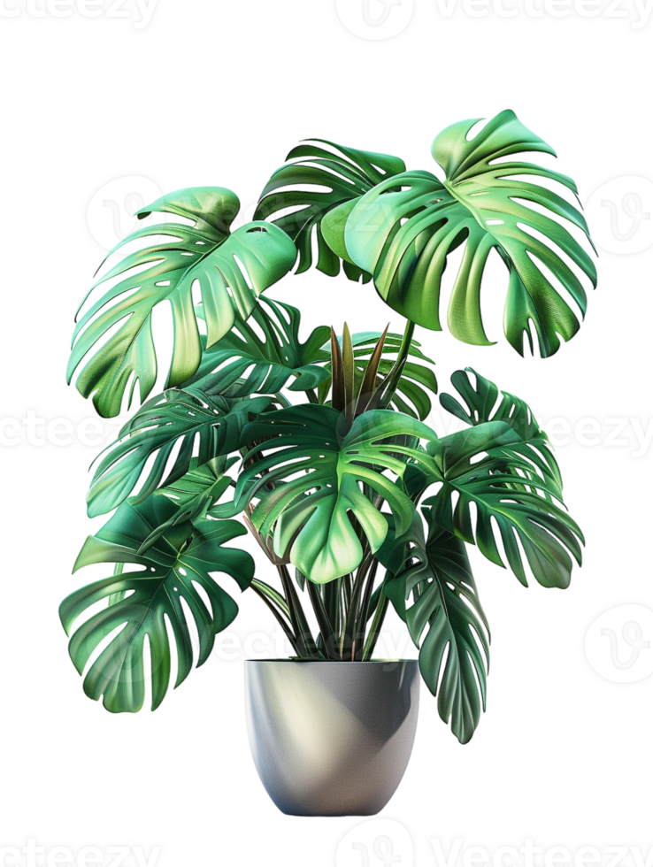 Monstera deliciosa on a pot, isolated against a transparent background png
