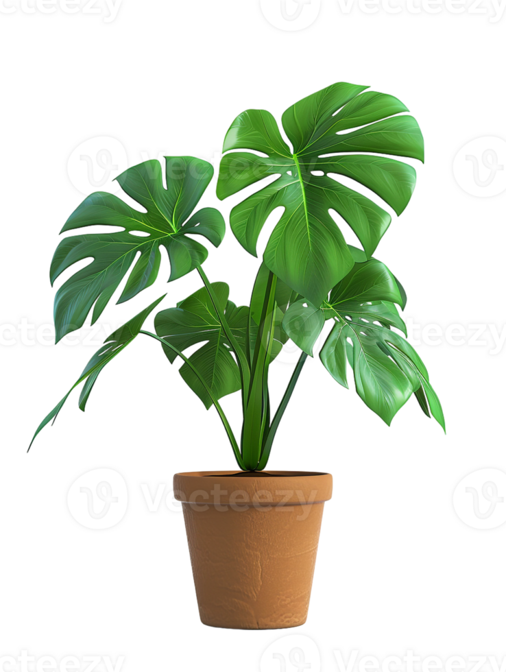 Monstera deliciosa on a pot, isolated against a transparent background png