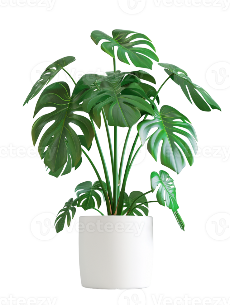Monstera deliciosa on a pot, isolated against a transparent background png