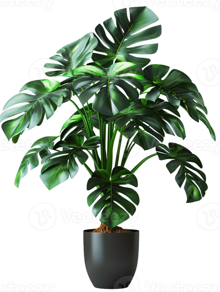 Monstera deliciosa on a pot, isolated against a transparent background png