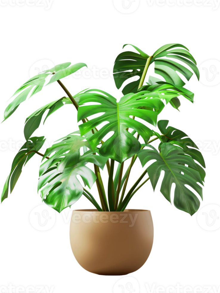 Monstera deliciosa on a pot, isolated against a transparent background png