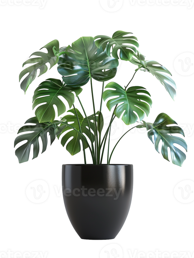 Monstera deliciosa on a pot, isolated against a transparent background png