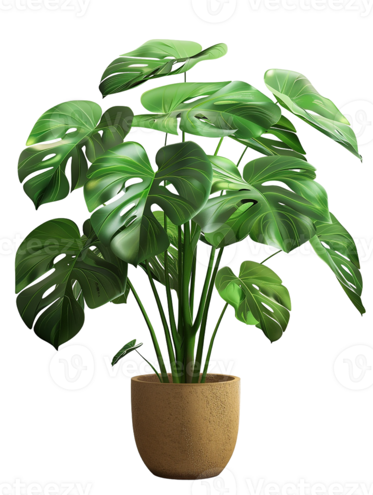 Monstera deliciosa on a pot, isolated against a transparent background png