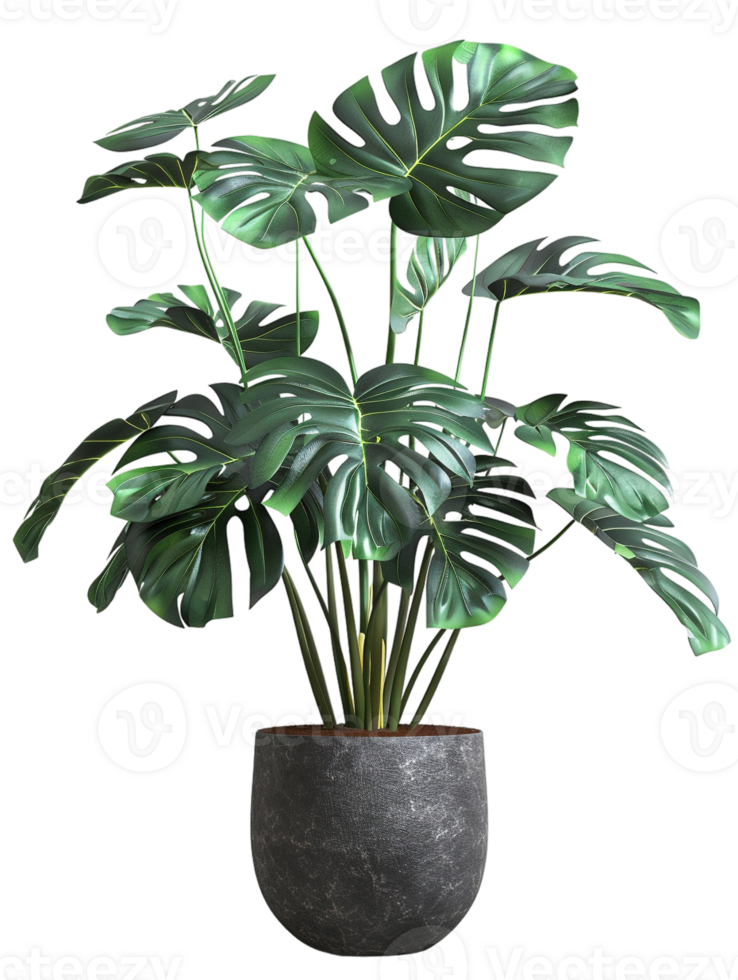 Monstera deliciosa on a pot, isolated against a transparent background png