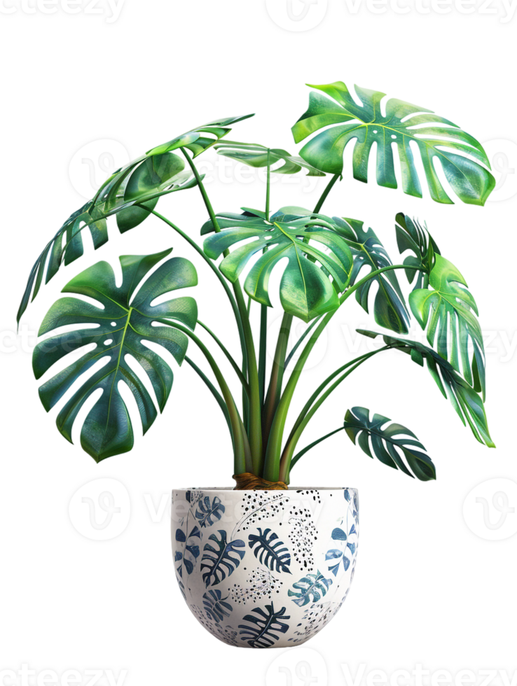 Monstera deliciosa on a pot, isolated against a transparent background png