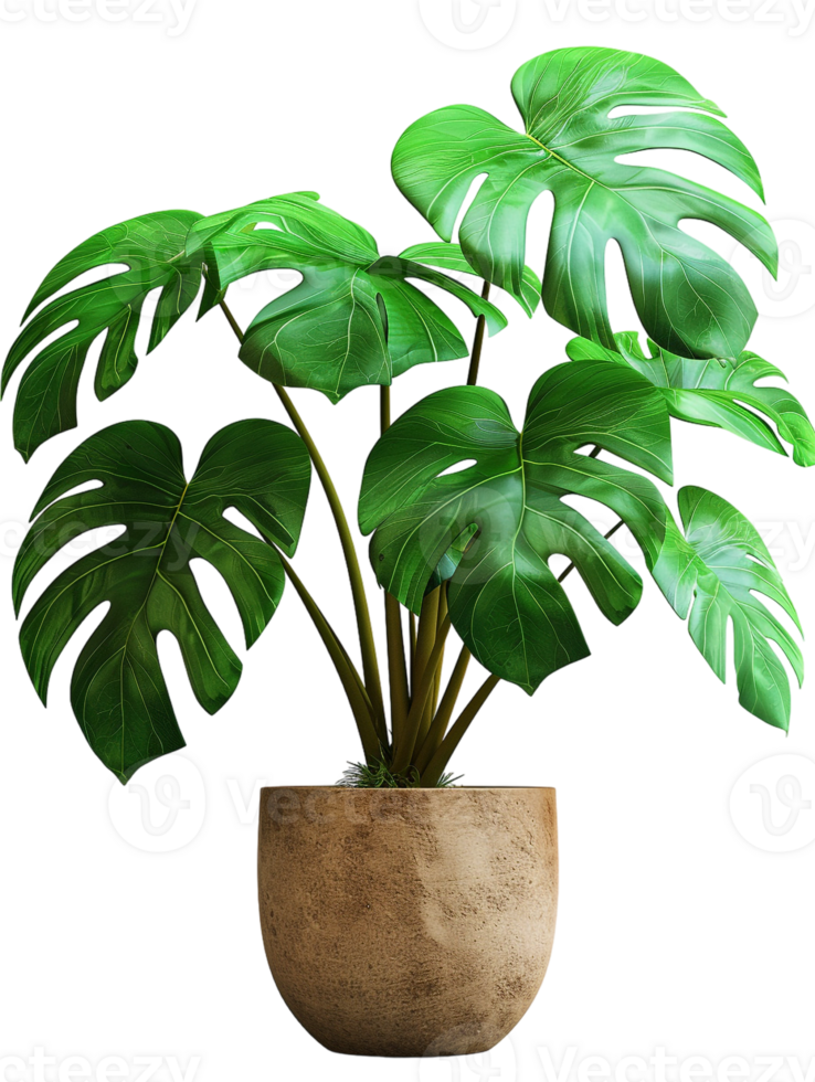 Monstera deliciosa on a pot, isolated against a transparent background png