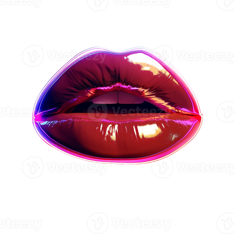 Neon glossy lips, isolated against a transparent background png