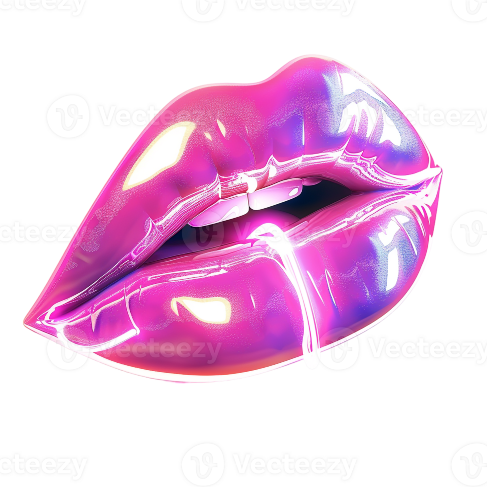 Neon glossy lips, isolated against a transparent background png