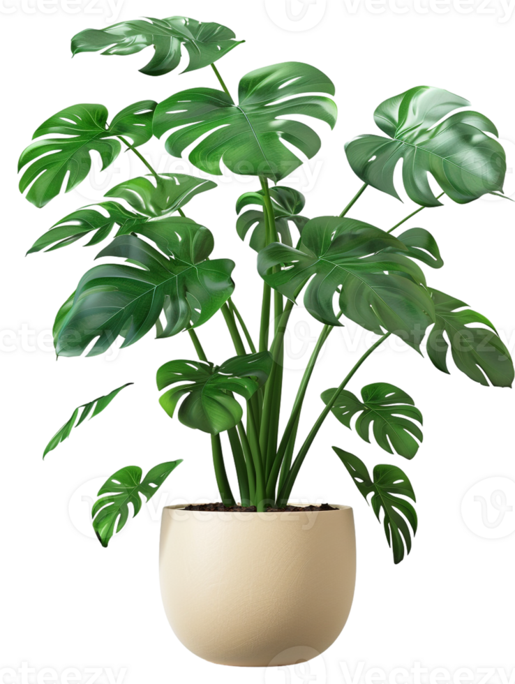 Monstera deliciosa on a pot, isolated against a transparent background png