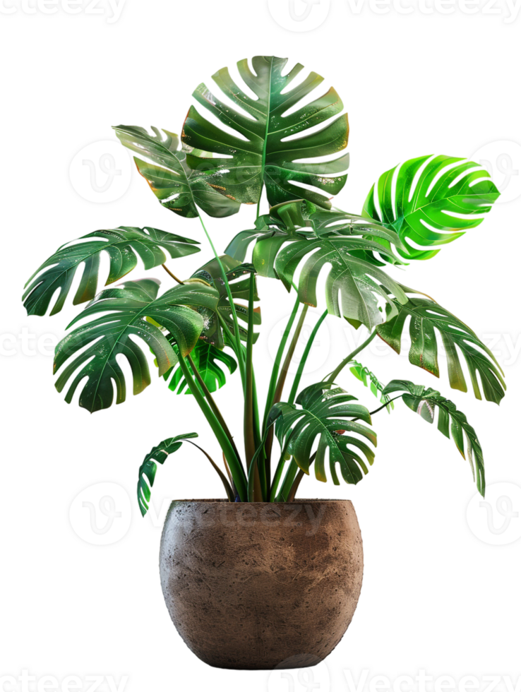 Monstera deliciosa on a pot, isolated against a transparent background png