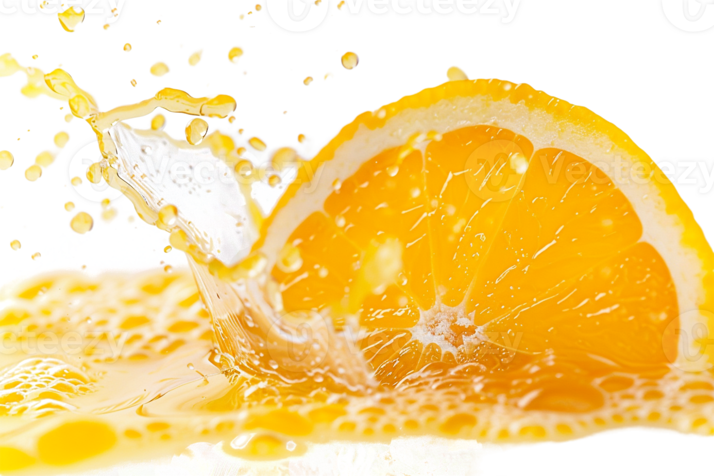 Orange slice with juice splash, isolated against transparent background png