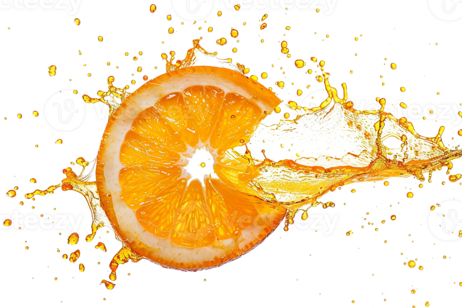 Orange slice with juice splash, isolated against transparent background png