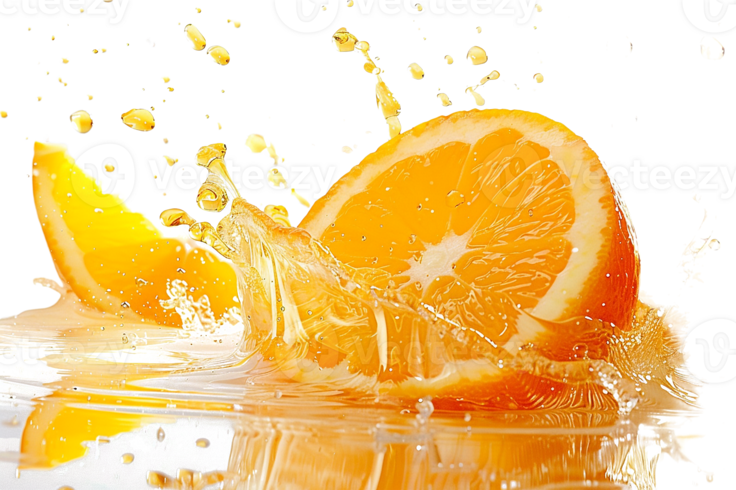 Orange slice with juice splash, isolated against transparent background png