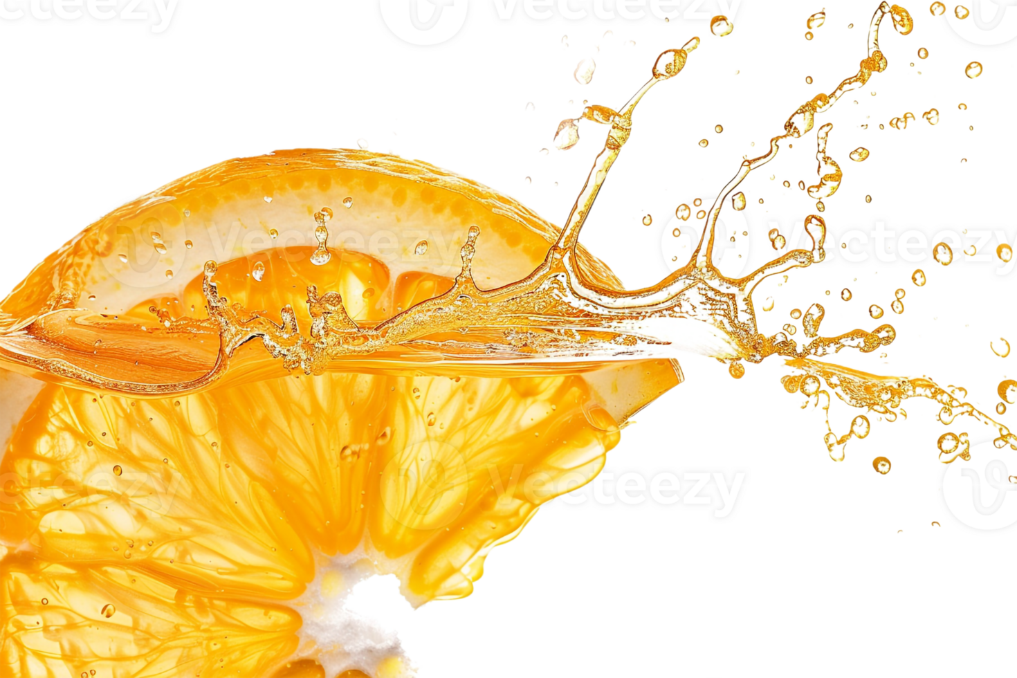 Orange slice with juice splash, isolated against transparent background png