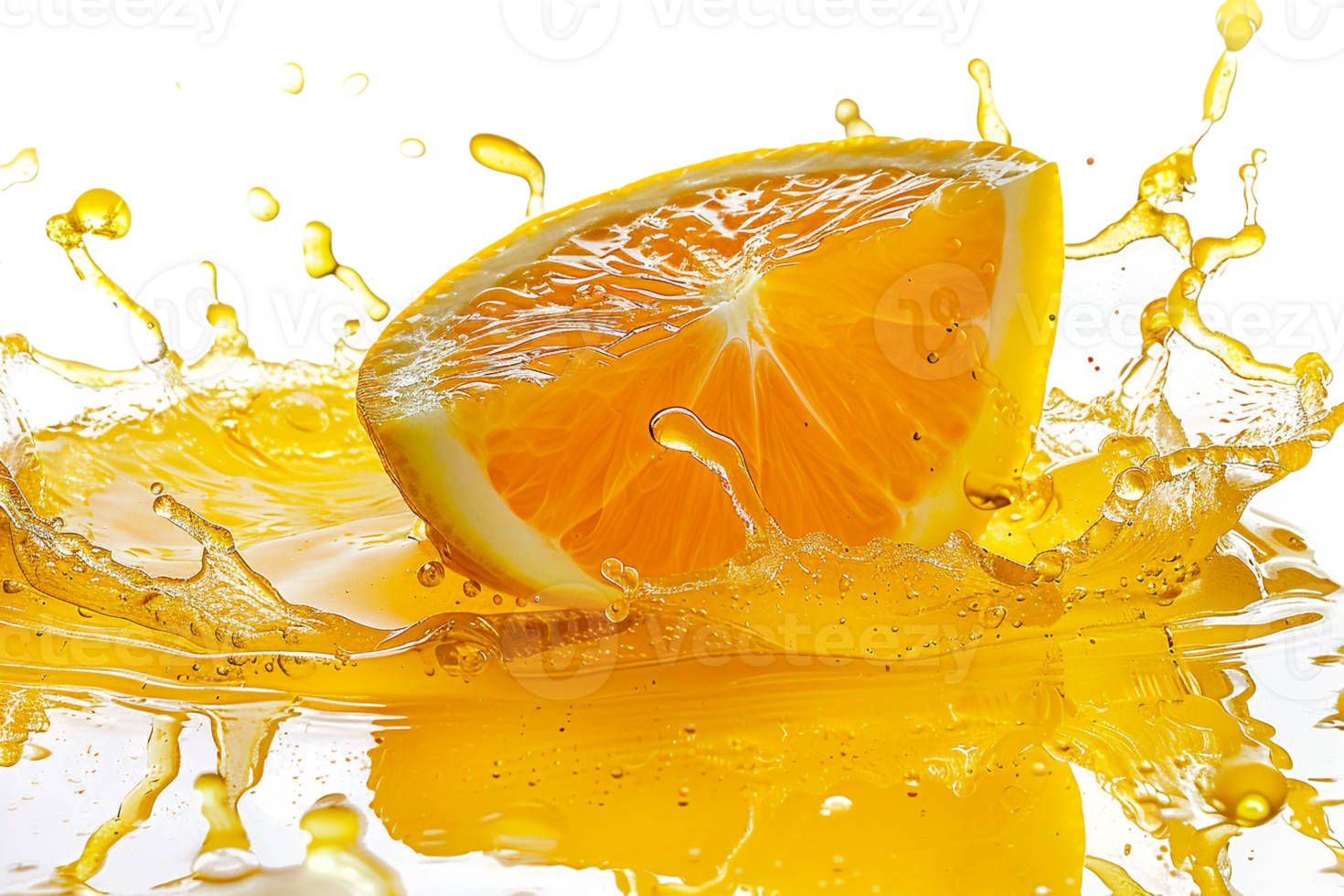 Orange slice with juice splash, isolated against transparent background png