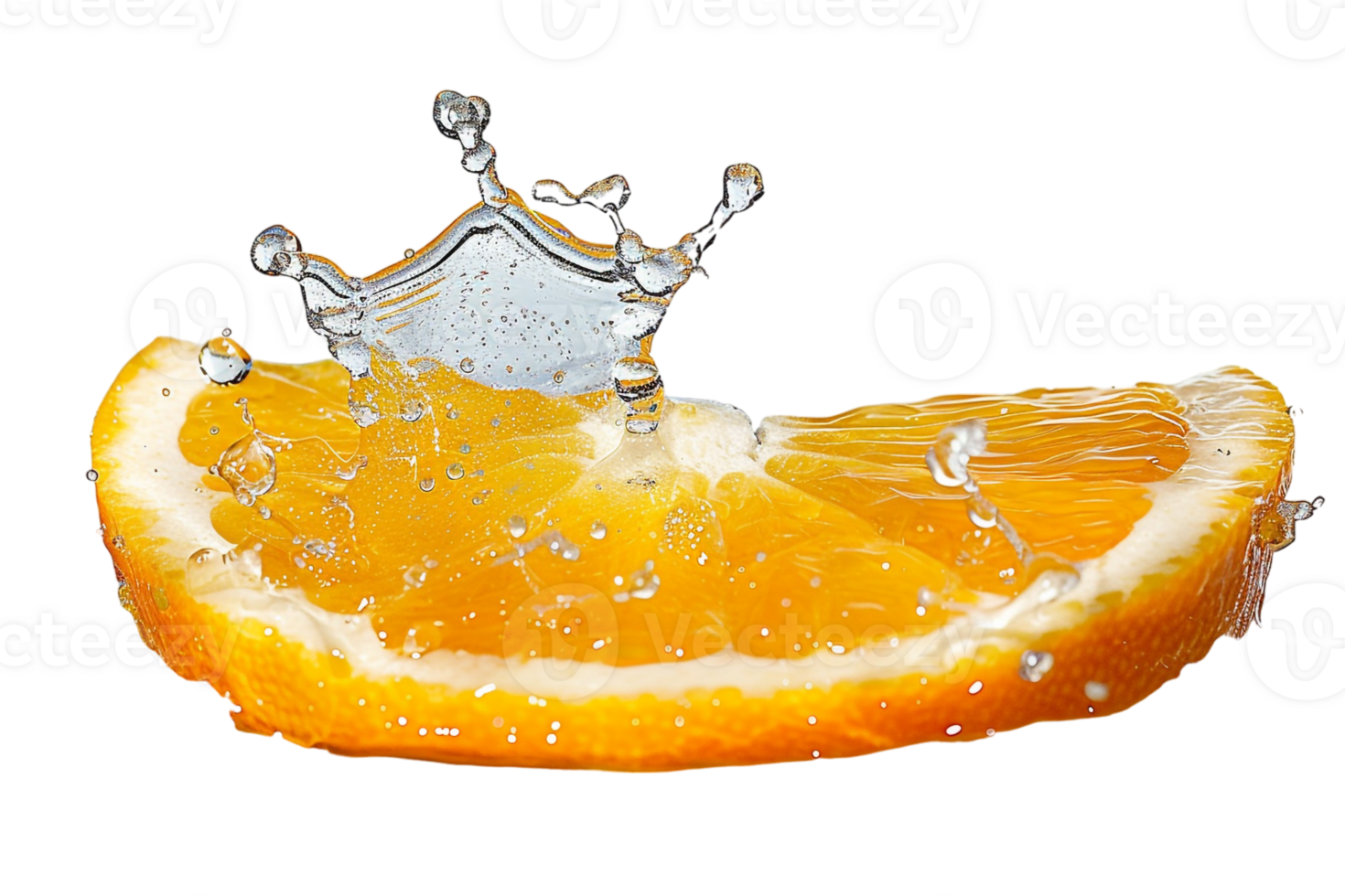 Orange slice with juice splash, isolated against transparent background png
