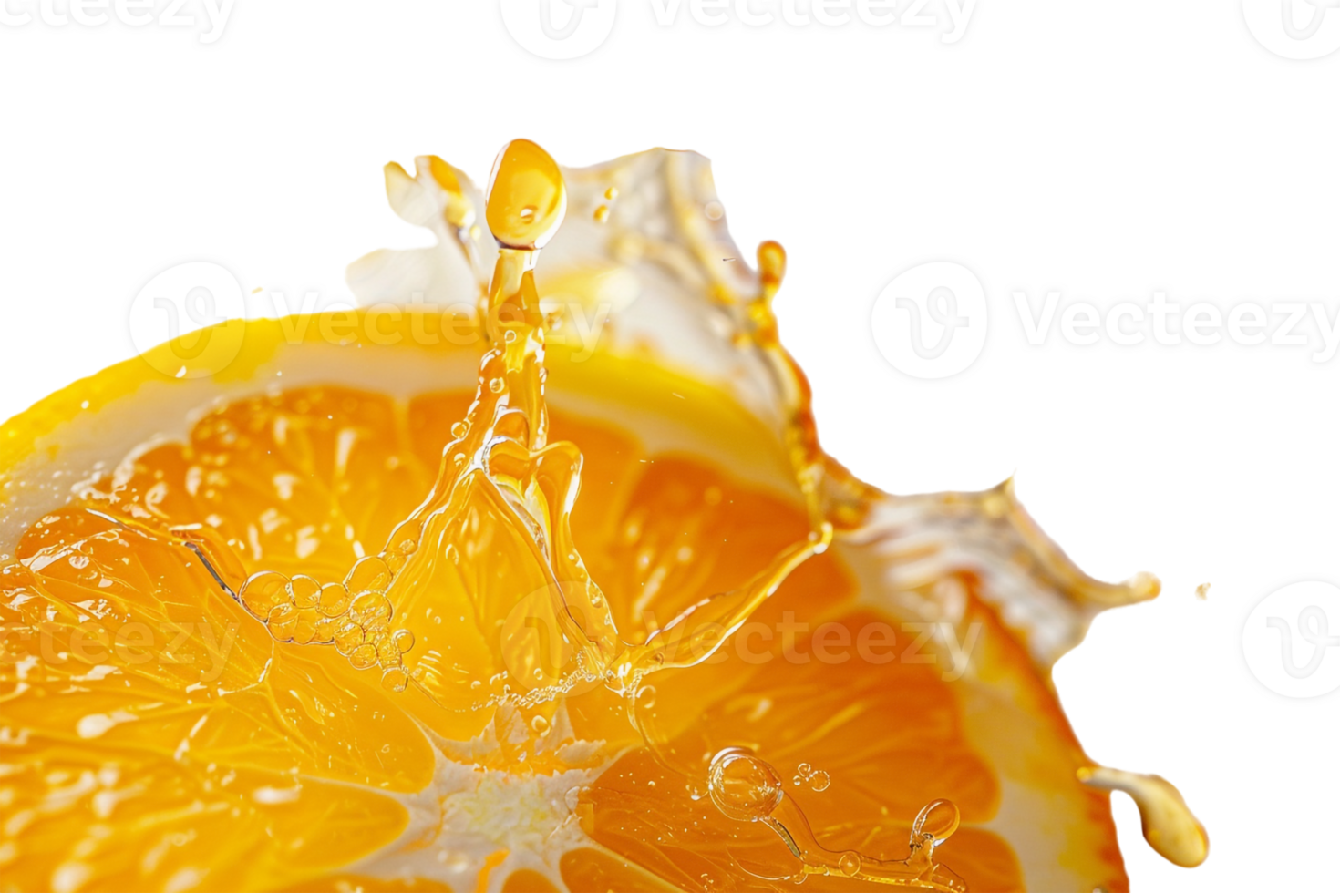 Orange slice with juice splash, isolated against transparent background png
