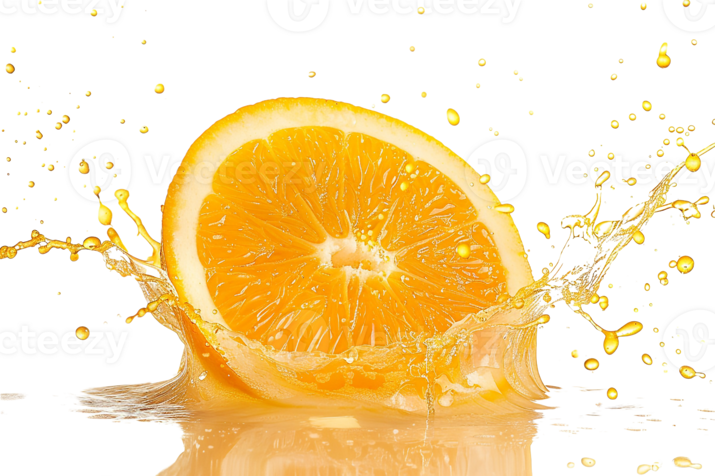 Orange slice with juice splash, isolated against transparent background png